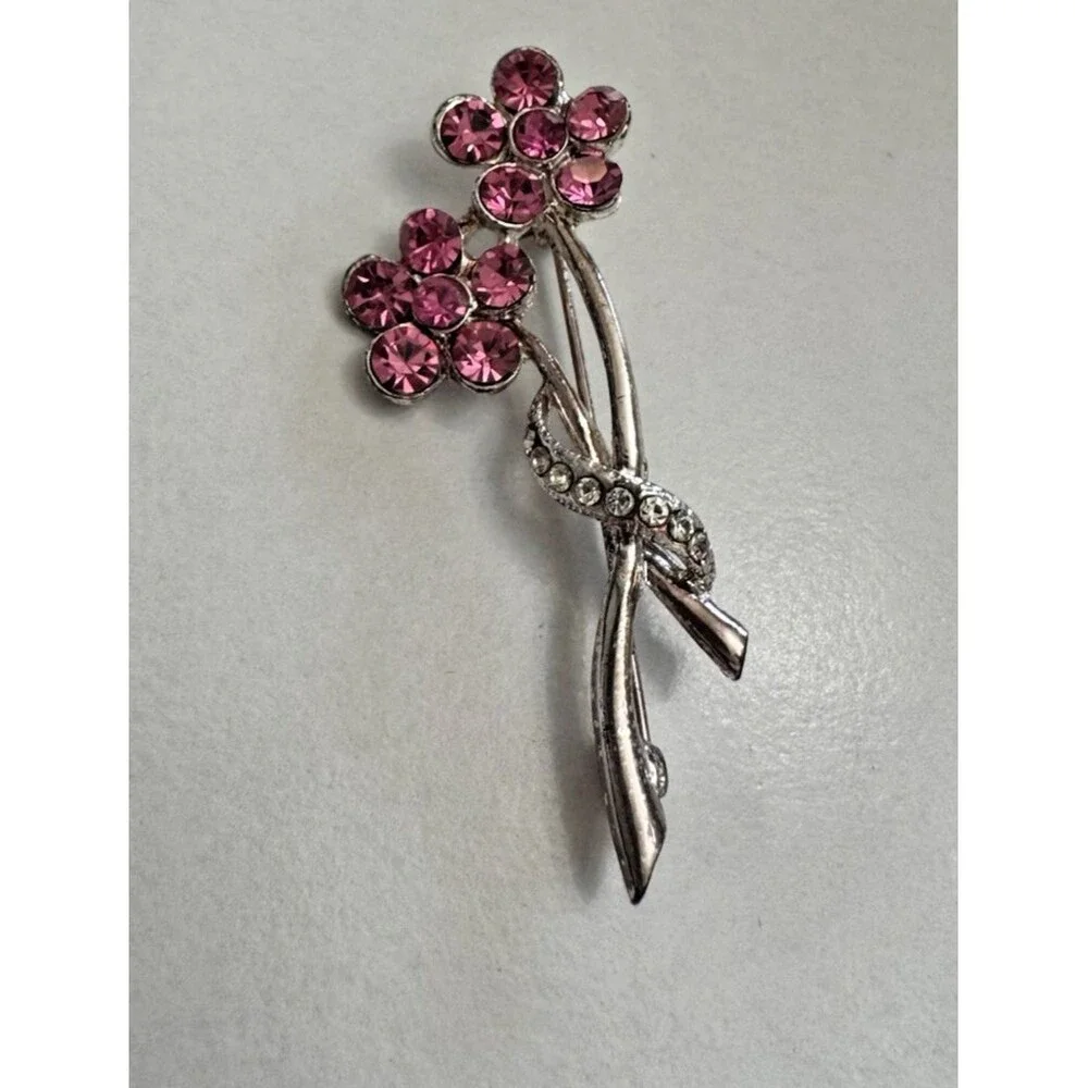 Vintage Rhinestone Flower Brooch Pink Crystal Double Stem 2 Inch